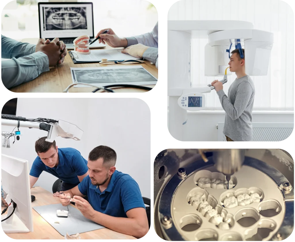 MRV Dental’de hastayla ön görüşme, panoramik röntgen çekimi, dijital diş üretimi ve laboratuvar çalışması süreci.